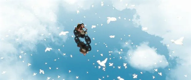 Der Protagonist fährt mit seinem Motorrad auf einer spiegelnden Fläche durch den Himmel.