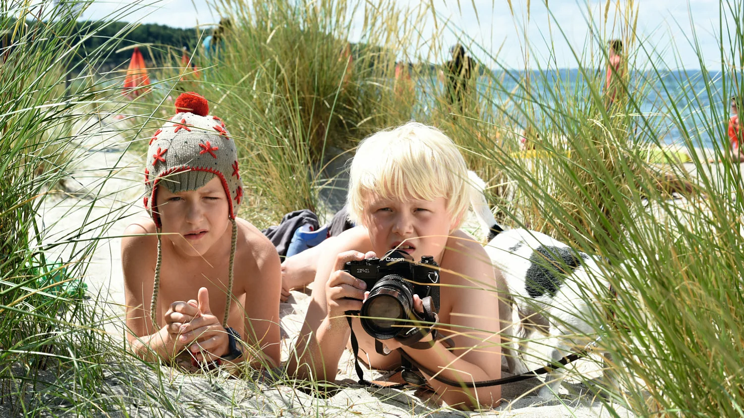 Szenenbild: Rico und Oskar liegen am Strand, in den Dünen versteckt und beobachten die Diebe
